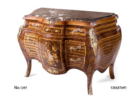 Louis XV ormolu-mounted Parquetry and Marquetry Bombé style Chest of Drawers