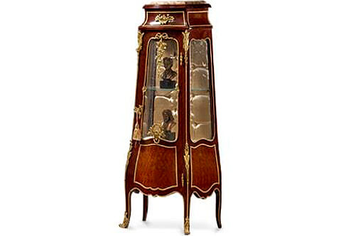 Petite Louis XV style ormolu-mounted trellis parquetry bombe vitrine stand after the model by Francois Linke