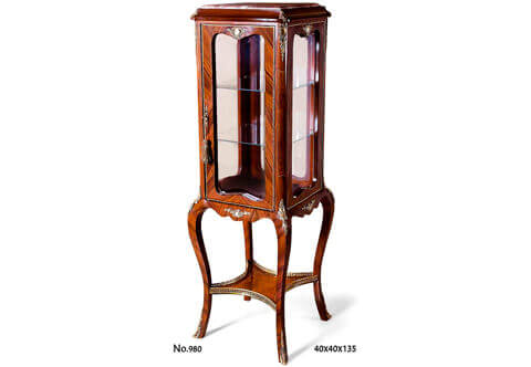 French Louis 15th oxidate-ormolu-mounted sans traverse cut veneer inlaid inset marble topped two glass shelves one glass door ormolu galleried X Stretcher Vitrine Pedestal