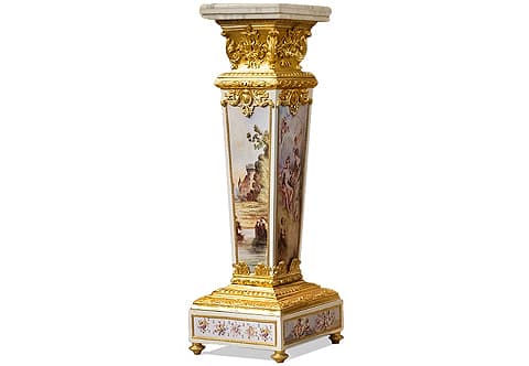 A royal and extremely stunning pair of French Louis XVI late Rococo and Vernis Martin style ormolu-mounted white lacquered hand carved and French foil gilded grand Bust Pedestals; The square mottled marble top rests above a fabulously hand carved concaved sides neck adorned with Egg and Cyma Recta bands, large scrolling acanthus leaves volutes and acanthus foliate bouquet above a laurel wreath astragal; The tapering body below is white lacquered and exquisitely hand painted in Vernis Martin style with landscape and Renaissance style mythological scenes depicting nymphs engaged with cupid and cherubs and enframed within a hammered ormolu band and surmounted with a finely chiseled ormolu mount of a cartouche issuing scrolling swaging bay leaf  garlands; Frets of Greek keys and blossoming acanthus leaves; the lower part is ornamented with an ormolu encadrement  of large scrolling Acanthus Mollis on an Egg trim; The lower plinth is white lacquered and surmounted with a leveled carved and French foil gilded frieze of different architectural decorative patterns and hand painted with playful cherubs and colorful flower bouquets enframed within a hammered ormolu band; all above the gilded topie shaped feet. 