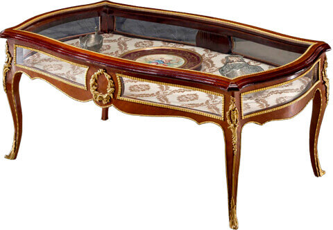 François Linke Louis XV style ormolu-mounted veneer inlaid upholstered Vitrine Table De Salon