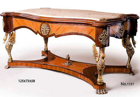 French Napoleon Second Empire style ormolu-mounted sans traverse veneer inlaid coffee table, with an inset marble top and stepped eared surface on fine moulded sans traverse double veneered frieze with fine pierced ormolu mounts above finely chiseled opened wings ormolu swans supports which are connected with a concave stretcher centered with eternal fire ormolu mount and raised on ormolu paw feet, Antique Furniture Reproductions, Antique Furniture, French style table, Francois Linke Style Table, Jean-Henri Riesner Style Table, Maison Millet Style Table, Empire Style Table, Italian style table, English style table, Ormolu-mounted Louis XV center table, Ormolu-mounted Louis XV side table, Ormolu-mounted Louis XV tea table, Ormolu-mounted Louis XV coffee-couch table, French style Ormolu-mounted Porcelain sevres top table, Boulle style side table, High Quality antique style serving table