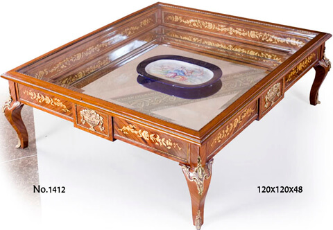 French Louis XV style ormolu-mounted foliate marquetry and veneer inlaid square shaped coffee Table