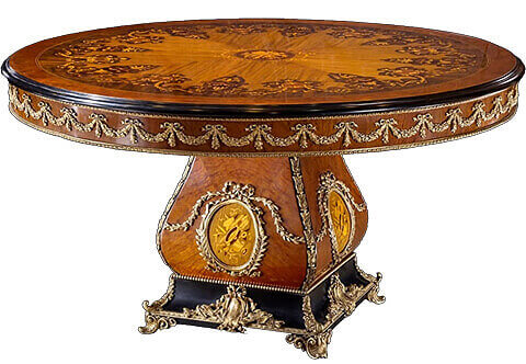A prestigious French Louis XV ormolu-mounted veneer and foliate marquetry patterns inlaid grand Center Table adorned with finely chiseled lavish ormolu mounts