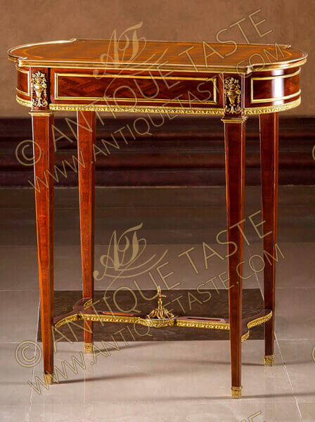 French mid 19th century Louis XVI Neo-classical style gilt-ormolu-mounted and parquetry inlaid Table À Ouvrage after the model by Maison Kriéger