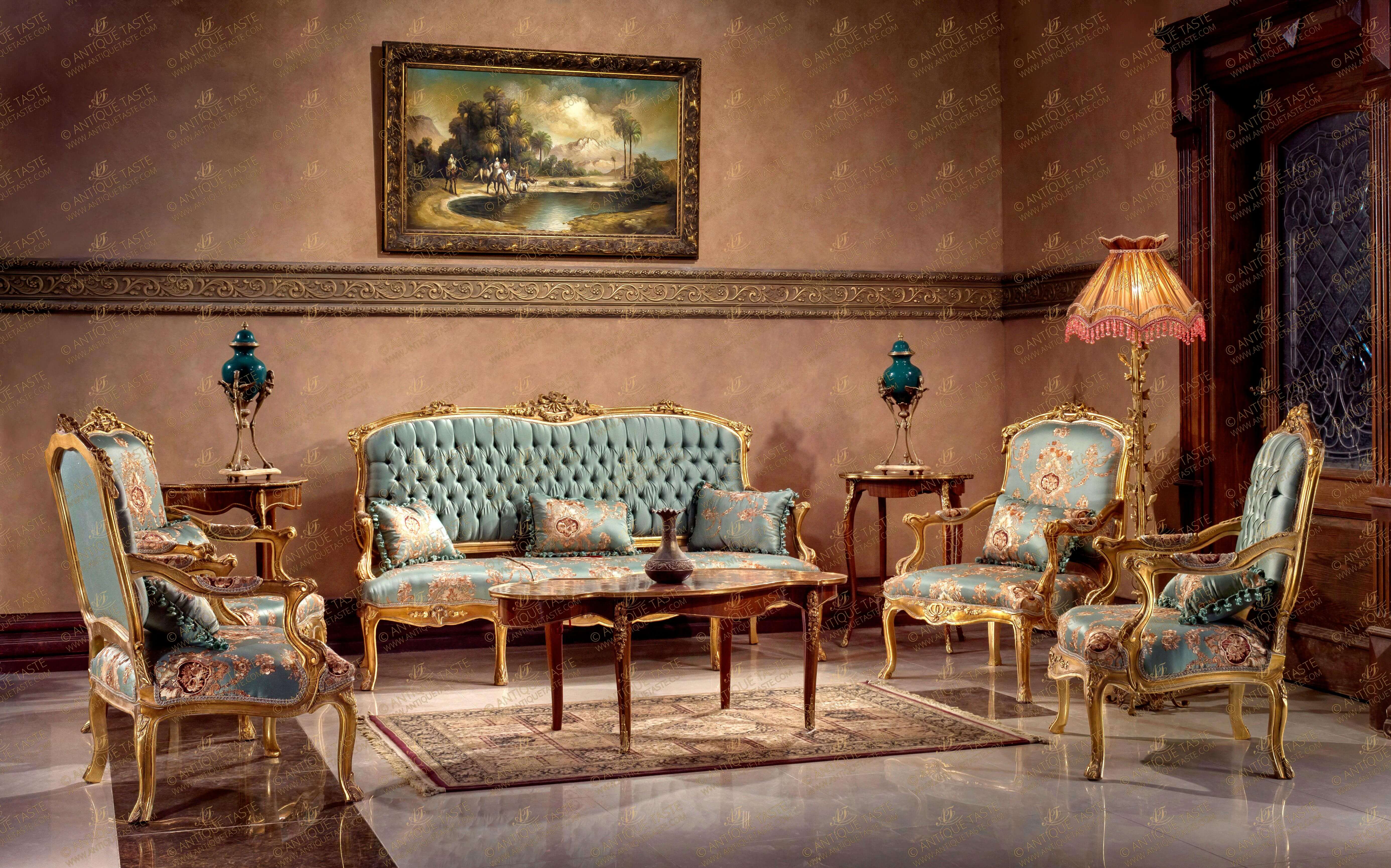 A sensational and most elegant French late 18th century Louis XV style Sofa Set; hand carved, French foil gilded and patinated, comprising of one three seater sofa and four armchairs, the sofa and pair of armchairs has tufted back, the fine set is upholstered in breathtaking pair of matching damask silk light blue fabric, plain and it's matching with foliate and floral designs; the five pieces are delicately decorated with hand carvings of acanthus leaves, pierced floral tied ribbons, blossoming swaging garlands, bay leaves and branches; raised on bold cabriole legs and built with sophisticated scrolling arms