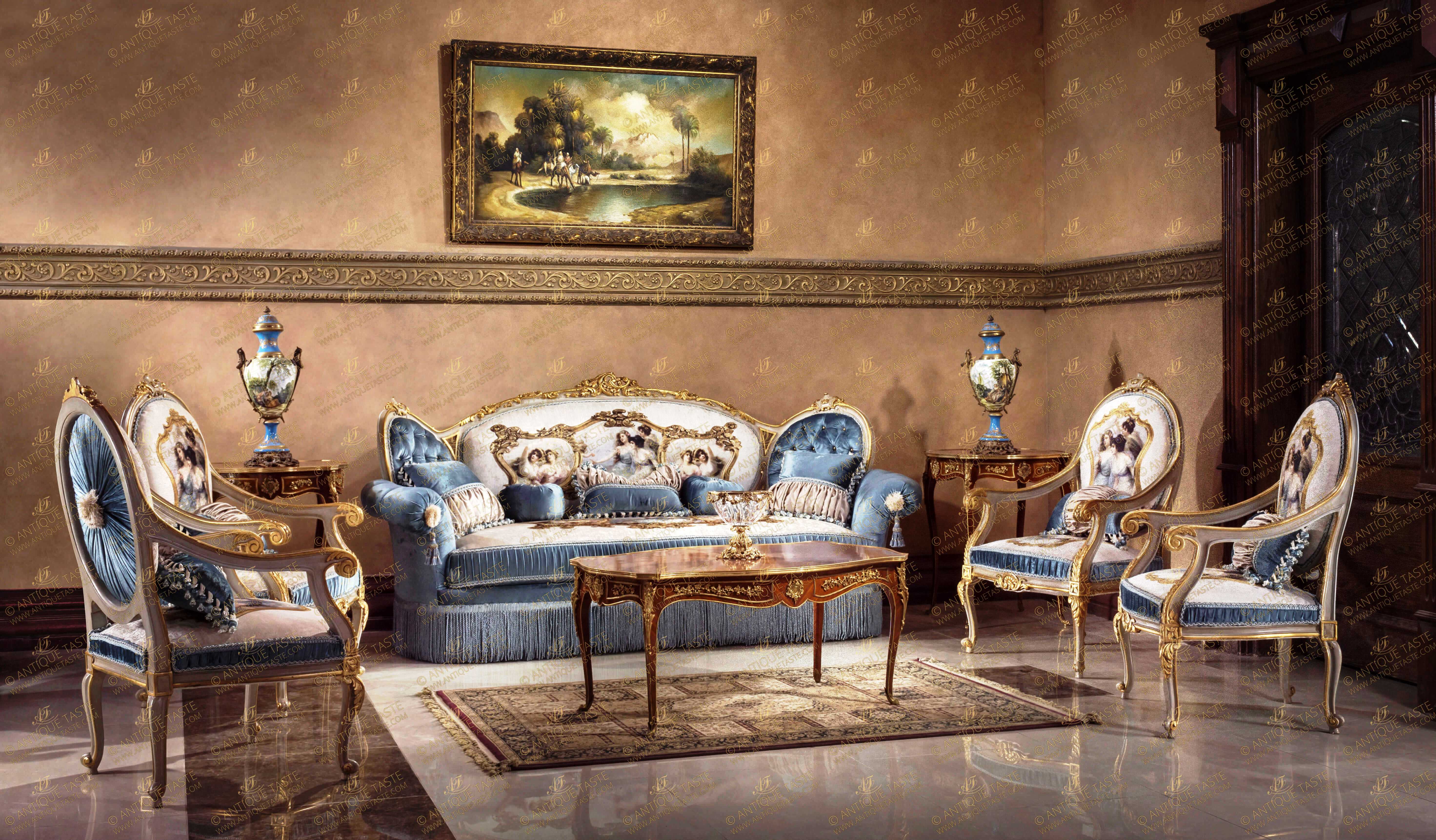 Louis XV Period Rococo style carved and gilded Velvet Sofa Set