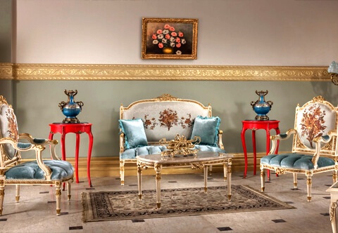 French Louis XVI Shabby Chic painted and patinated parcel giltwood four pieces Corbeille Salon Set
