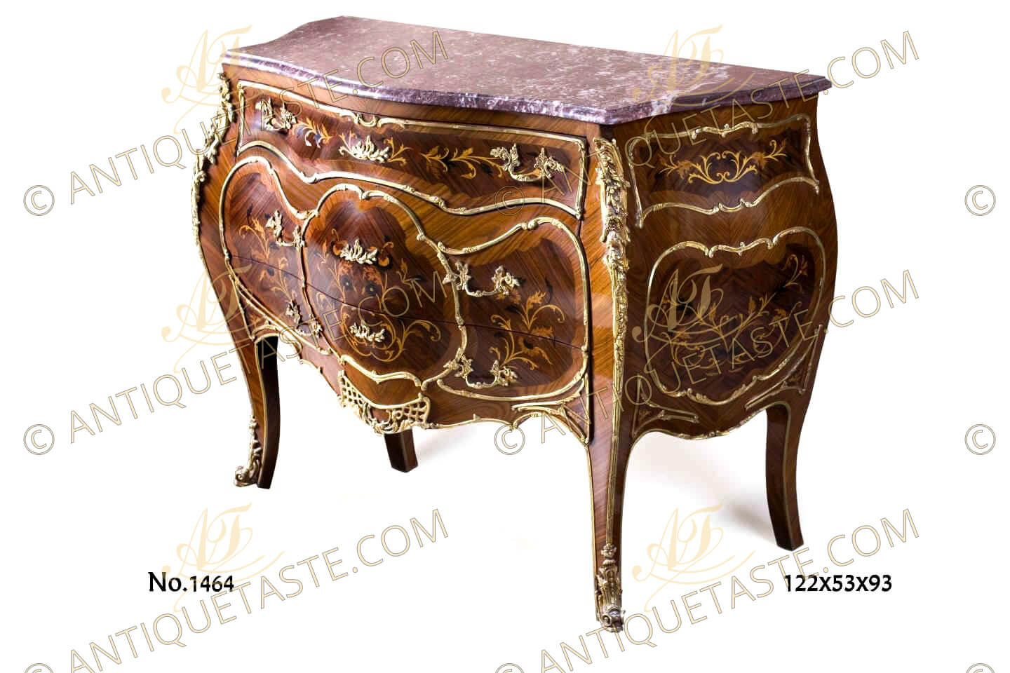 Louis XV style gilt-ormolu-mounted veneer and marquetry inlaid bombé three drawers commode the model by François Linke Circa 1891