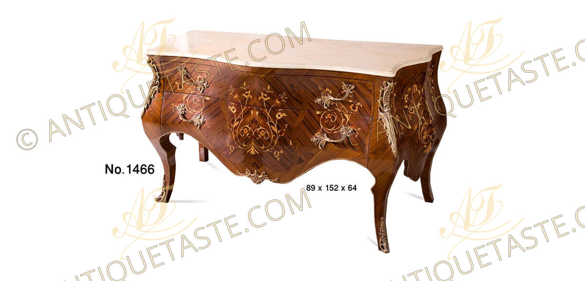 Louis XV ormolu-mounted sans-traverse cut veneer and exotic woods marquetry inlaid bombé arbalest shaped Chest of Drawers