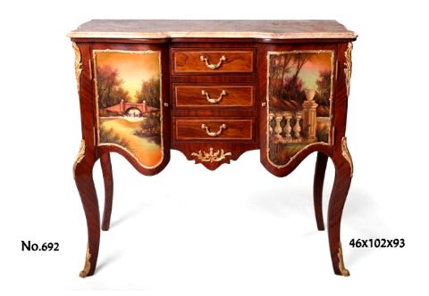 A sensational and high quality French Louis XV and Vernis Martin style three drawer and two doors ormolu mounted and sans traverse veneer inlaid commode