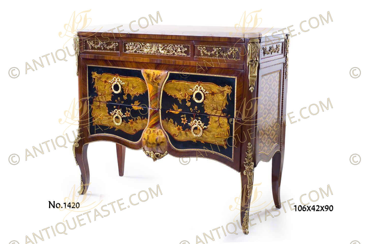 A sensational French Louis XV ormolu-mounted parquetry inlaid Chinoiserie style commode, The eared marble topped above a conforming frieze with central drawers ornamented with intricate and pierced ormolu mount with two cherubs blowing trumpet amidst foliate and scrolled movements, flanked by two faux drawers decorated with ribbon tied festoons, all within a twisted ormolu borders, Below are two large deep drawers with sans traverse Chinoiserie style scene of lake, swans, flying birds and gardens, with ribbon tied ring handles and dentil ormolu border, separated by a central inflated part with foliage marquetry pattern terminating with pierced ormolu cabuchon with foliate scrolled mount, The cut corners display on top a fine and richly chiseled ormolu mounts of acanthus volute on drapes hung on fluted façade above a pine cone, the lower part adorned with a magnificent large ormolu mount of blossoming flower bouquet on volute chutes rest on the cabriole leg hip, The sides with a repeated upper ormolu design as the forepart above a diamond parquetry pattern with flower rosettes, The lower contour of the commode with a beaded ormolu band runs on the cabriole legs that terminate with detailed foliate ormolu cast turned sabots