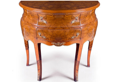 French Transitional style ormolu-mounted olive veneer inlaid Bombé Drawers Chest on the Biedermeier style