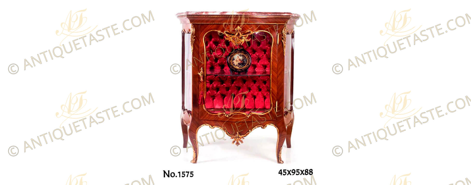 A beautiful French Louis XV style ormolu-mounted Cabinet Vitrine De Salon after the model by François Linke, elegantly ornamented with delicate ormolu filet to the contour and acanthus works, marble topped and upholstered with velvet tufted back.