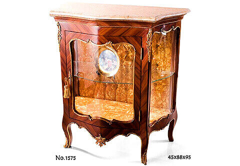 François Linke French Louis XV period ormolu-mounted sans traverse veneer inlaid upholstered back Cabinet Vitrine De Salon