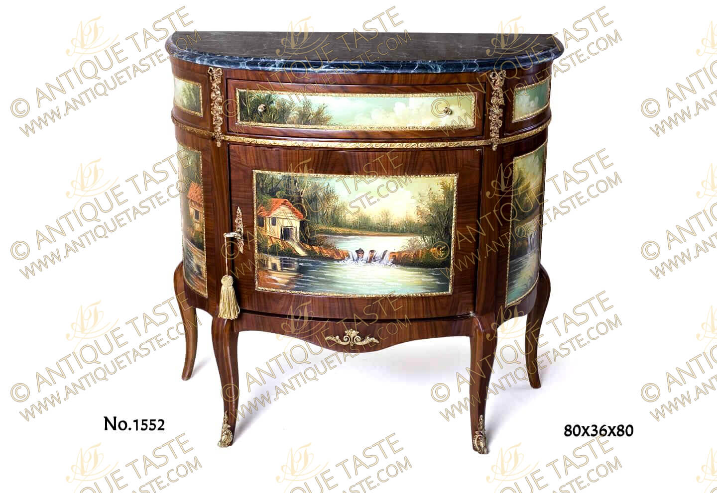 Elegant French Louis XV and Vernis Martin style D shaped cabinet with one drawer and one door, cut veneer inlaid, marble topped, finely hand painted on front and sides with landscape scenes and ornamented with engraved ormolu encadrement, richly chased ormolu ribbon tied acanthus chutes, ormolu keyhole escutcheon and ormolu foliate pierced sabots.