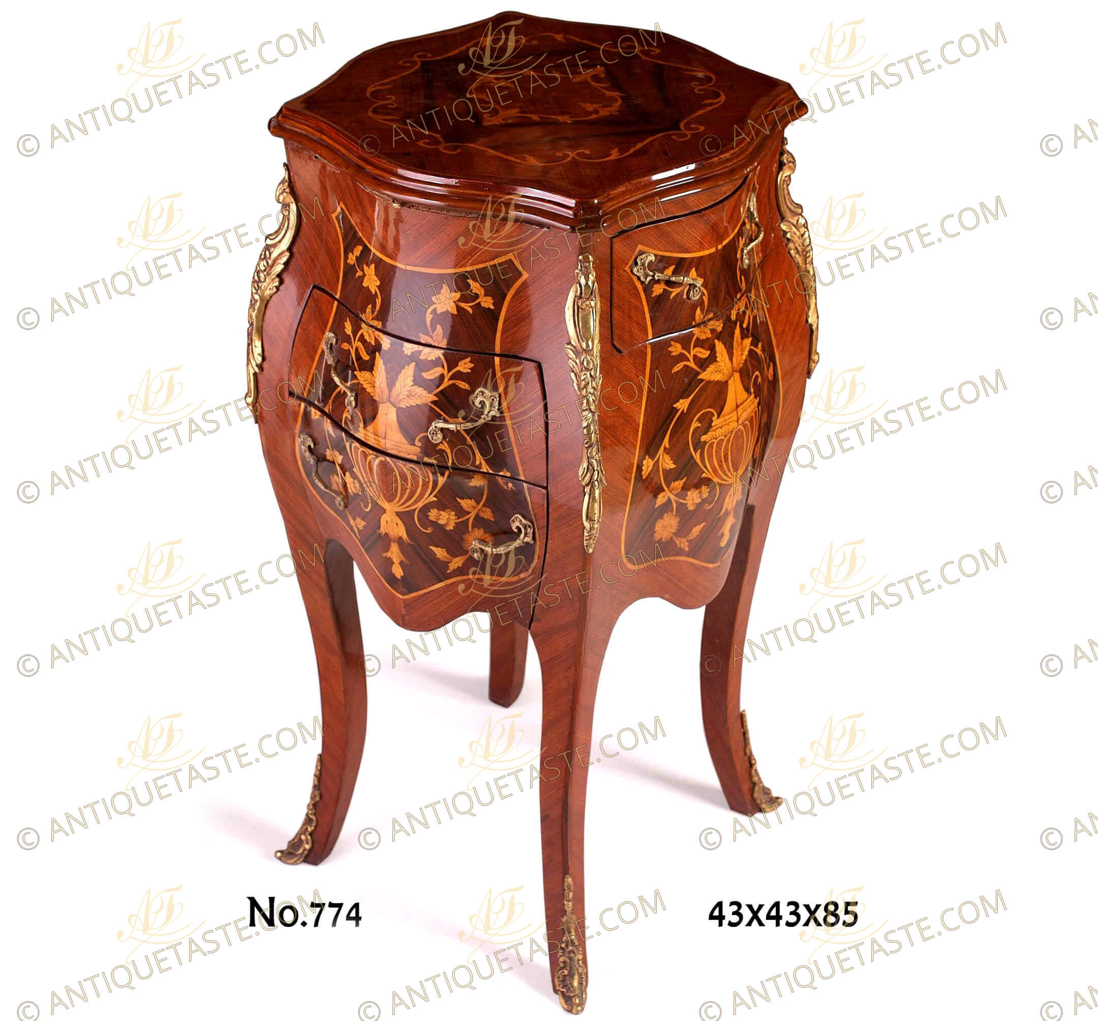 An artistic exotic marquetry and veneer inlaid French Louis XV style Bombé Ewer shaped three Drawers side Commode