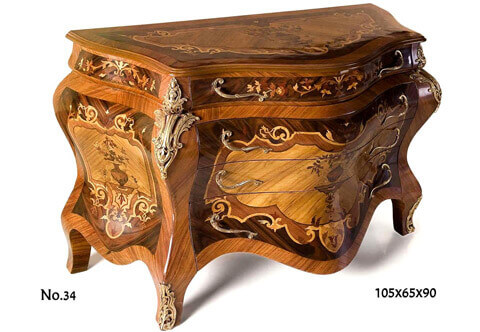 French Louis XV ormolu-mounted exotic marquetry and veneer inlaid Bombé Commode