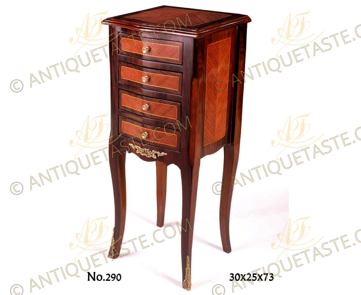 A Delicate traditional French Transitional style ormolu-mounted sans traverse quarter veneer inlaid four drawers Bedside Table - Nighstand