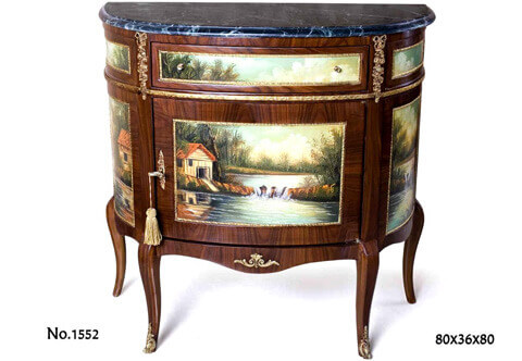 Elegant French Louis XV and Vernis Martin style D shaped cabinet with one drawer and one door, cut veneer inlaid, marble topped, finely hand painted on front and sides with landscape scenes and ornamented with engraved ormolu trim, richly chased ormolu ribbon tied acanthus chutes, ormolu keyhole escutcheon and ormolu foliate pierced sabots
