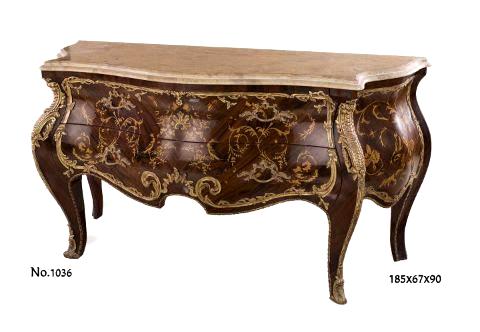 French Louis XV style bombé shaped ormolu mounted and marquetry inlaid Grand Drawers Chest