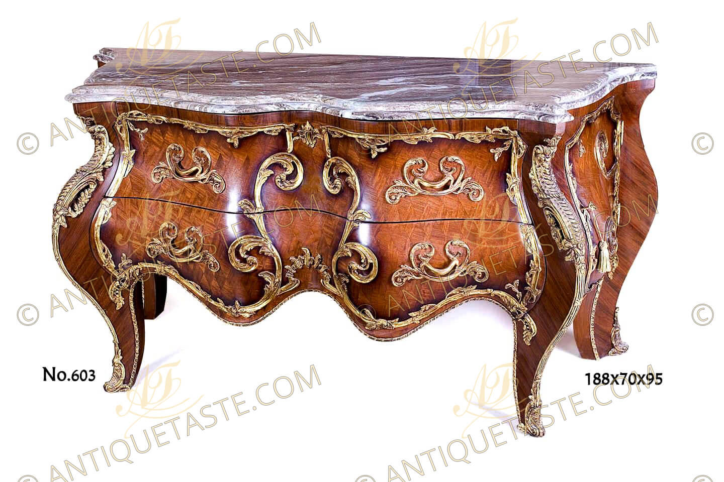 French Louis XV style bombé arbalest shaped ormolu-mounted veneer and parquetry inlaid grand Cabinet