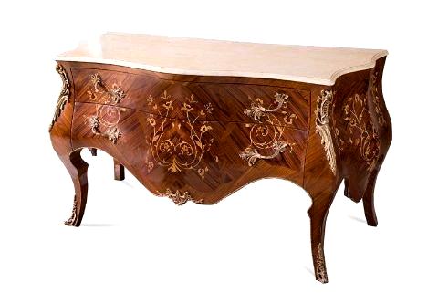 Louis XV ormolu-mounted Sans-Traverse exotic woods Marquetry Bombé Chest of Drawers