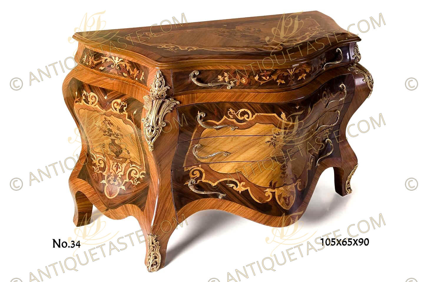 French Louis XV style ormolu-mounted exotic marquetry and veneer inlaid Bombé shaped four drawers Commode
