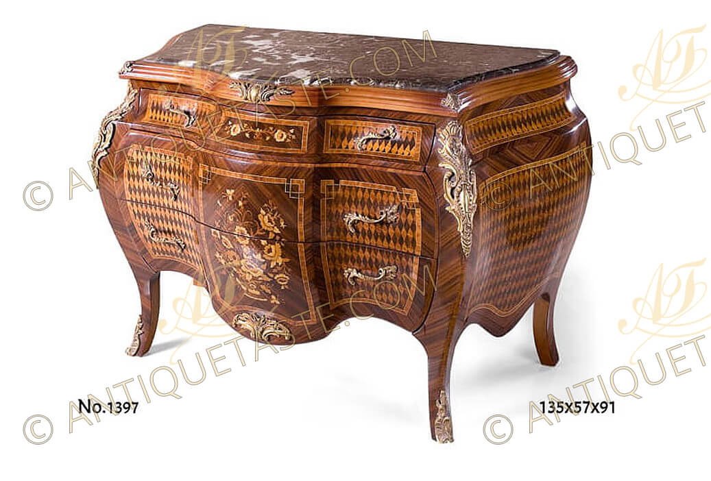 Louis XV style distressed ormolu-mounted veneer; Parquetry and Marquetry inlaid bombee shaped Chest of three Drawers