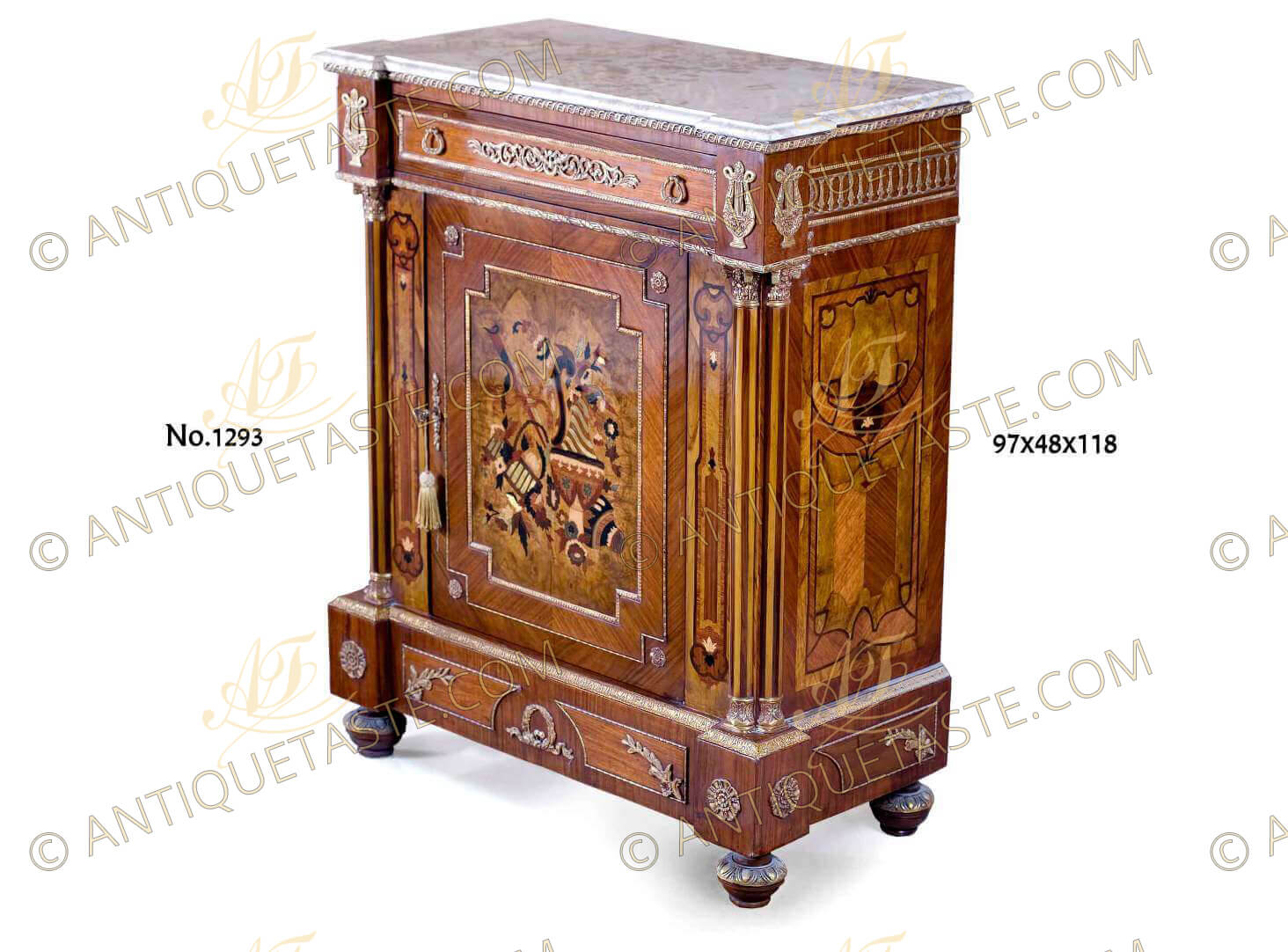 Late French Louis XVI Neoclassical ormolu-mounted marquetry and veneer inlaid Baroque Side Cabinet