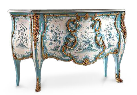 XVIIIth century Louis XV Rococo Vernis Martin style ormolu-mounted bleu et blanc commode galbée of Madame de Mailly after the model by master Mathieu Criaerd Circa 1742, Paris, now located in Louvre Museum, The fine piece with serpentine shaped eared moulded top above two conforming twp long deep drawers professionally hand painted by our artisans as the original piece with equatorial fauna and floral pattern within a highly chiseled and burnished gilt-ormolu foliate trimmed border issuing Rococo motives of shell C scrolls, branches and leaves with leafy ormolu handles emerged from the decoration, Each corner with exquisite large pierced ormolu foliate chutes terminating with extraordinary volute wrap around foliate ormolu sabots covering the cabriole legs, The sides has the same movements