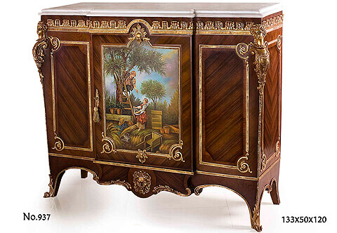 Louis XV and Vernis Martin style sans traverse veneer inlaid Meuble À hauteur d'appui after the model by Joseph Emmanuel Zwiener, late 19th century, The breakfront moulded marble above a conforming frieze ornamented with ormolu band of acanthus leaves, centered with a breakfront hand painted door with a Francois Boucher painting The Cherry Picker in vernis martin style within an ormolu beaded trim terminated to each corner with Rinceau style works centered with ormolu cartouche and crested with a very fine foliate cabochon and an ormolu keyhole escutcheon, The central door flanked by faux doors with quarter veneer inlays in an ormolu border with Rinceau scrollwork finials, flanked by extraordinary chiseled and burnished large female busts extended by a hammered band to the scrolled ormolu sabots covering the splayed feet. The sides with sans traverse veneer inlays within the same ormolu ornamentation, All above the scalloped frieze with C scrolled ormolu leafy acanthus trims centered by a marvelous finished Satyr Mask