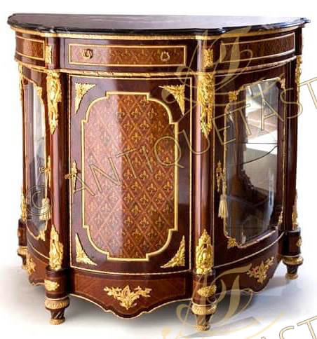 French Napoleon III Louis XVI Revival style ormolu-mounted parquetry inlaid Showcase Cabinet