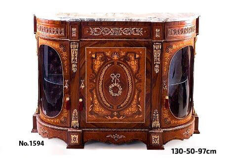 A Demilune shaped French Napoleon III ormolu-mounted veneer and marquetry inlaid Display Credenza