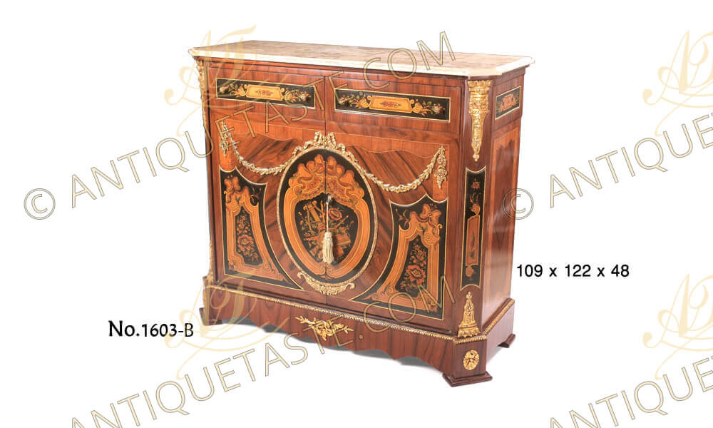 Napoleon III ormolu-mounted hand painted and exotic black marquetry veneer inlaid marble topped Meuble D’Appui