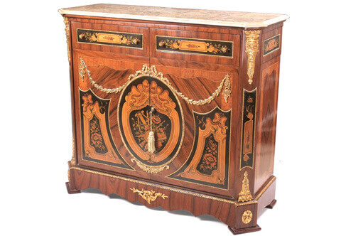 Napoleon III ormolu-mounted ebonized and exotic black marquetry veneer inlaid marble topped Meuble D’Appui