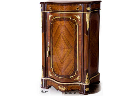 A graceful French Napoleon III style ormolu-mounted sans traverse quarter veneer inlaid Secretaire Cabinet