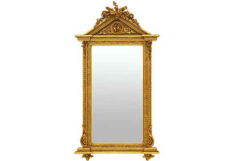 French Louis XVI Revival architectural form carved, gilded and patinated Grand Pier Wall Mirror