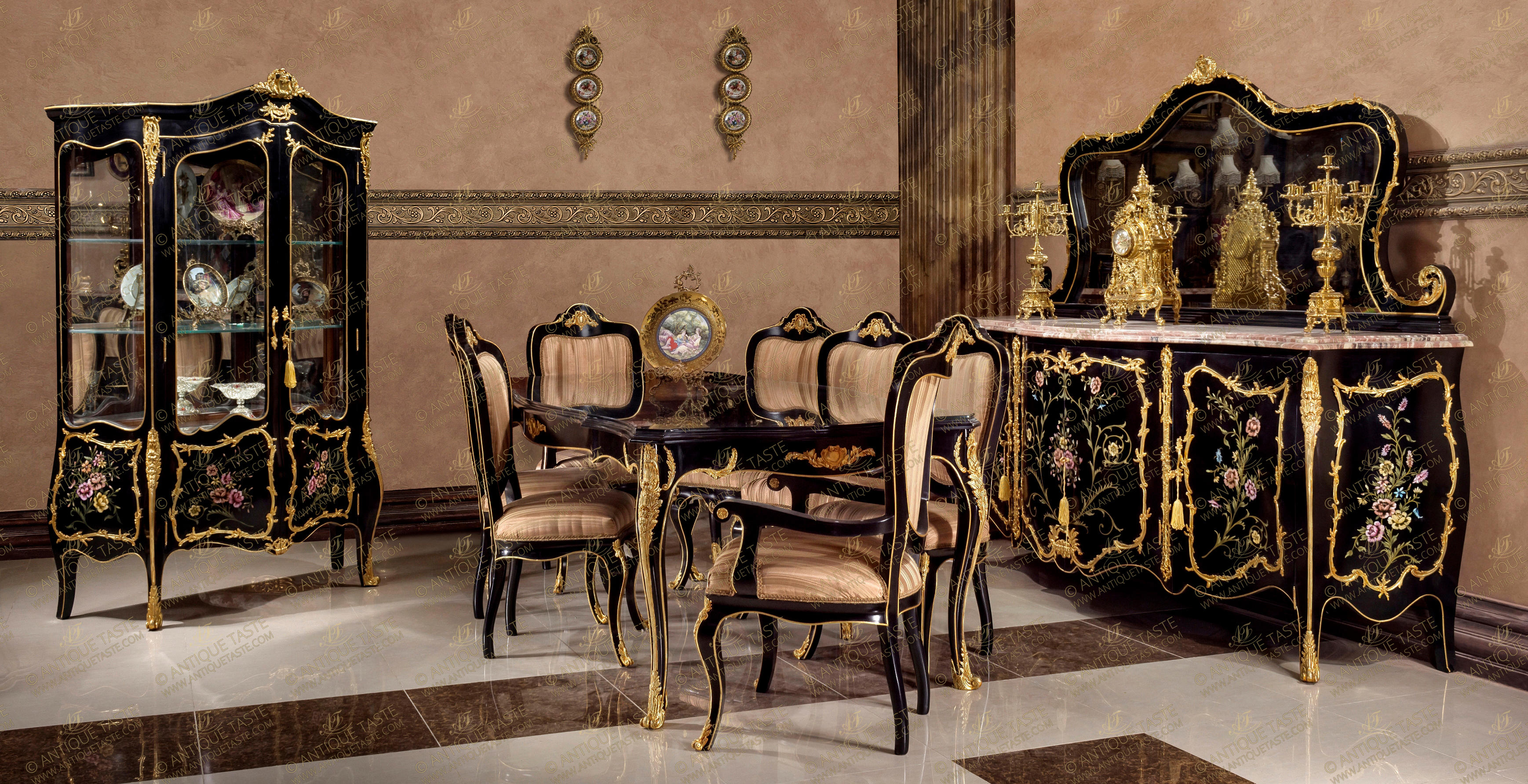 Martin Carlin Louis XVI style Black Lacquered Dining Room Set