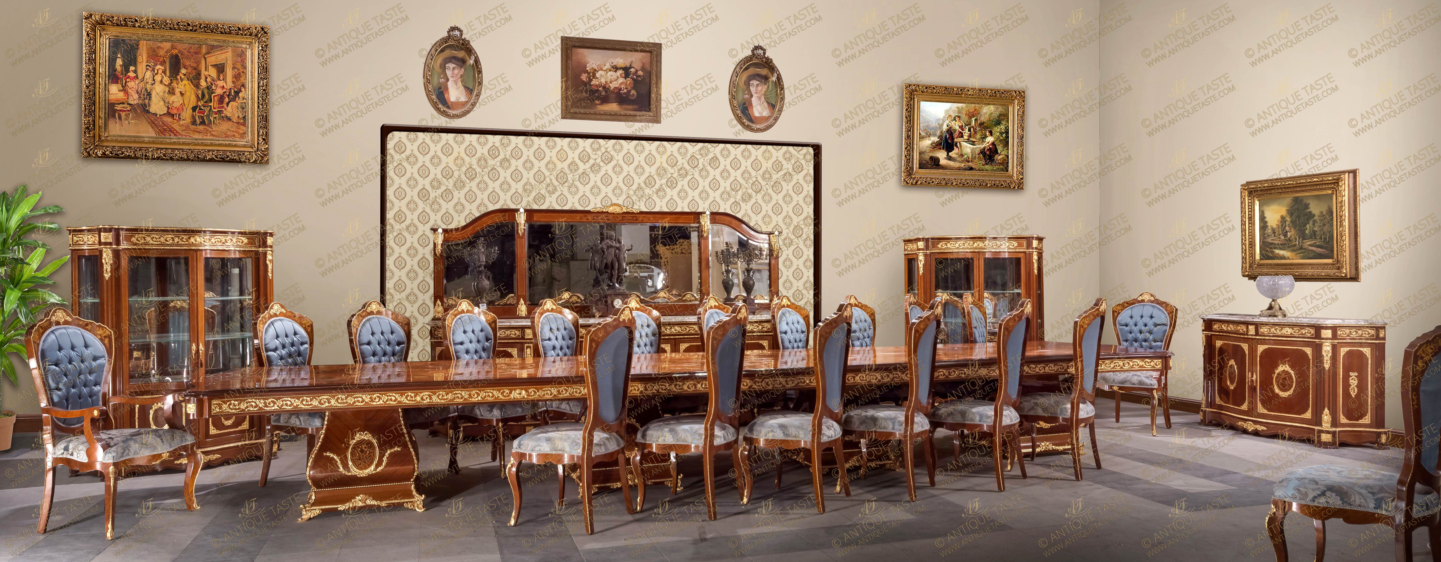 A grandiose and finely built French Napoleon III Louis XV Revival style twenty seven pieces Grand Majestic Dining Room Set; elaborately ormolu-mounted, veneer and marquetry inlaid; comprising of six meters grand dining table, twenty chairs, two armchairs, grand buffet with mirror, side cabinet and pair of display cabinet.