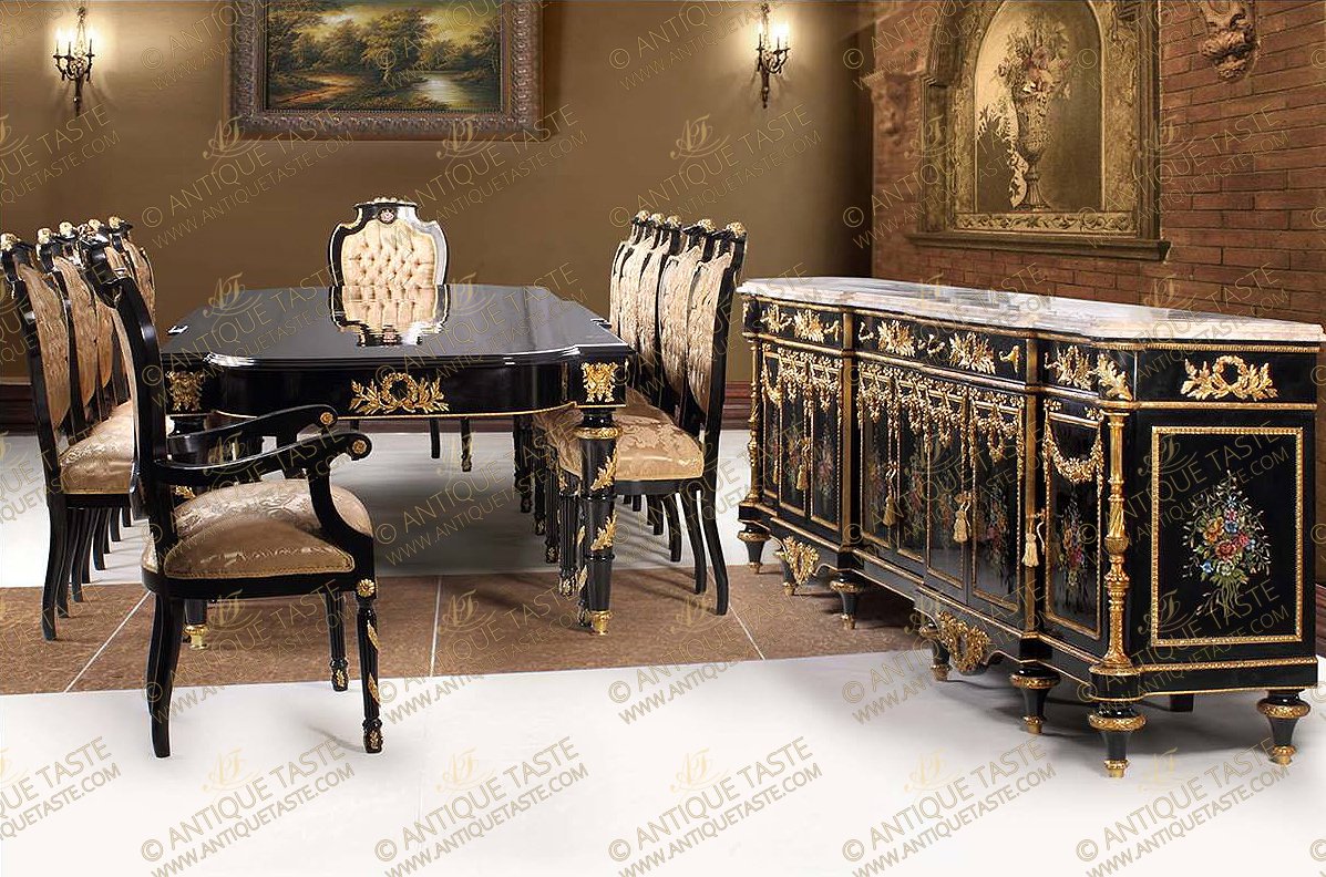 A Noble French late 19th Century Louis XVI style palatial fourteen pieces Dining Room Set À Vantaux after the model by Martin Carlin, Paris; ormolu-mounted, black lacquered and hand painted on the Vernis Martin style with colored floral bouquets; adorned with ormolu swags and ribbon-tied loose bouquets pierced interlaced laurel garlands and elaborately chisled gilt-ormolu chinoises turned fluted colonnettes; the fine set is comprising of a grand dining table, ten dining chairs, pair of armchairs and a grand marble topped buffet.