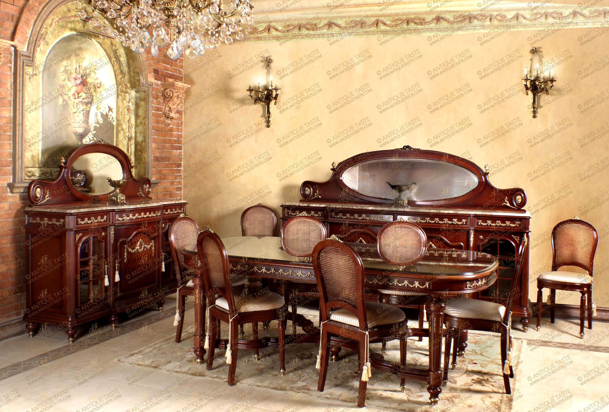 A Traditional French Louis XVI style eleven pieces solid walnut Dining Room Set, finely ormolu-mounted with richly chased ribbon-tied swaging garlands, scrolling foliage, ormolu rosettes, ormolu chandelles on the fluted tapered legs, ormolu blossoming ribbon-tied chutes mounts and ormolu swaging medallion; veneer inlaid and diamond parquetry designs; the set is comprising of a dining table on x-stretcher, caned back eight dining chairs and pair of different size buffet with mirror.