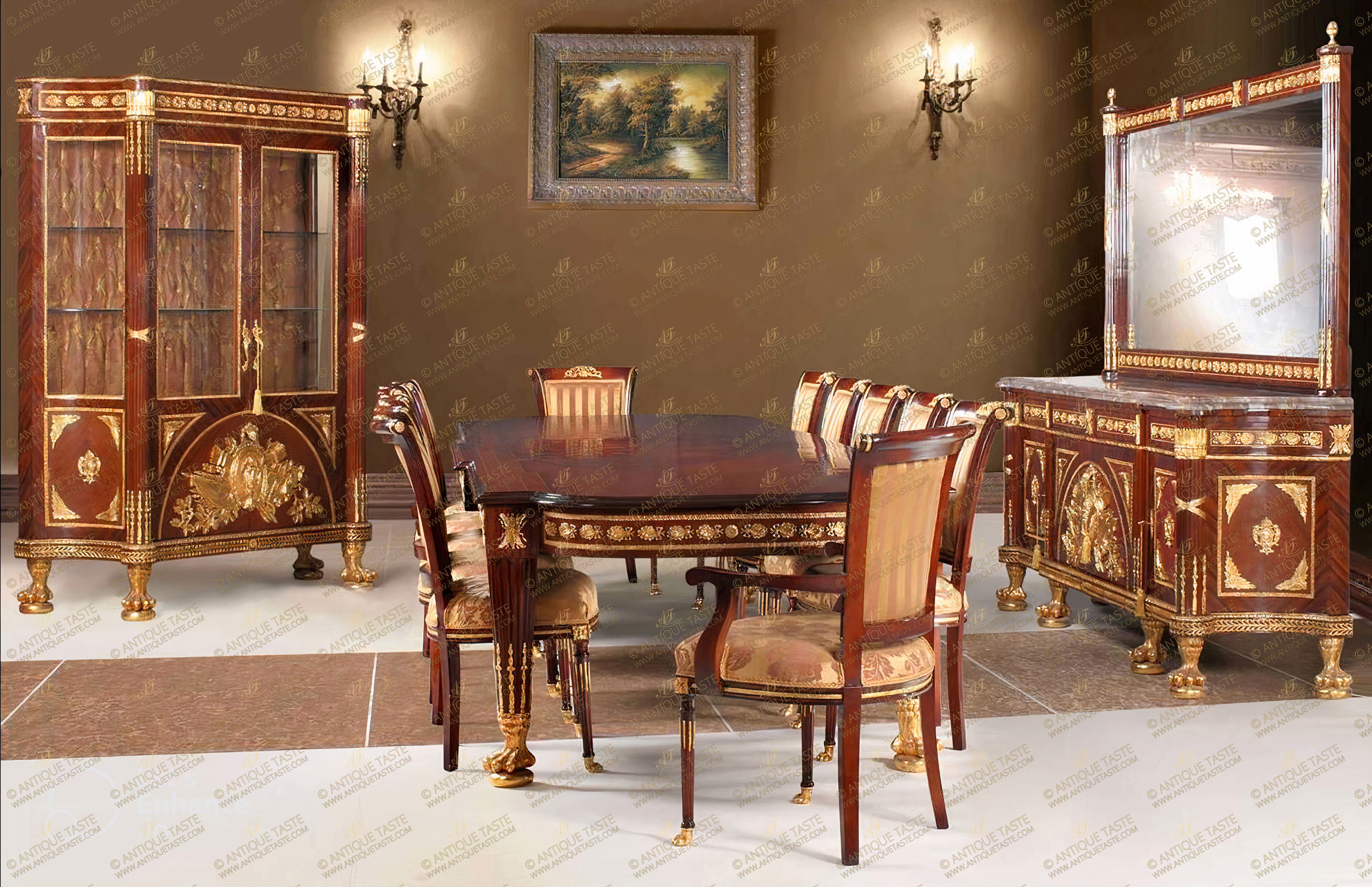 A Royal French late 19th Century Louis XVI style fifteen pieces Dining Room Set Masterpiece Reproduction after the original model by Joseph Stöckel and Guillaume Benneman which was executed for Marie-Antoinette-Josèphe-Jeanne the last queen of France before the French Revolution for the Salon des Jeux at Fontainebleau and the Château de Compiègne; the unique dining set is comprising of a grand dining table, ten dining chairs, pair of armchairs, grand buffet with mirror and one display cabinet; sans-traverse double veneer inlaid; exuberantly and beautifully ormolu-mounted with ormolu trophies of War and heraldic Roman Revival medallion, blooming acanthus leaves, oak-leaf frieze, royal bee emblem, ribbon-tied arrow-forms, X-bands, ormolu chandelles, leaf-and-dart strips, acanthus rosettes and raised on acanthus-sheathed hairy ormolu paw feet.