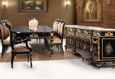 Martin Carlin Louis XVI style Black Lacquered Dining Room Set
