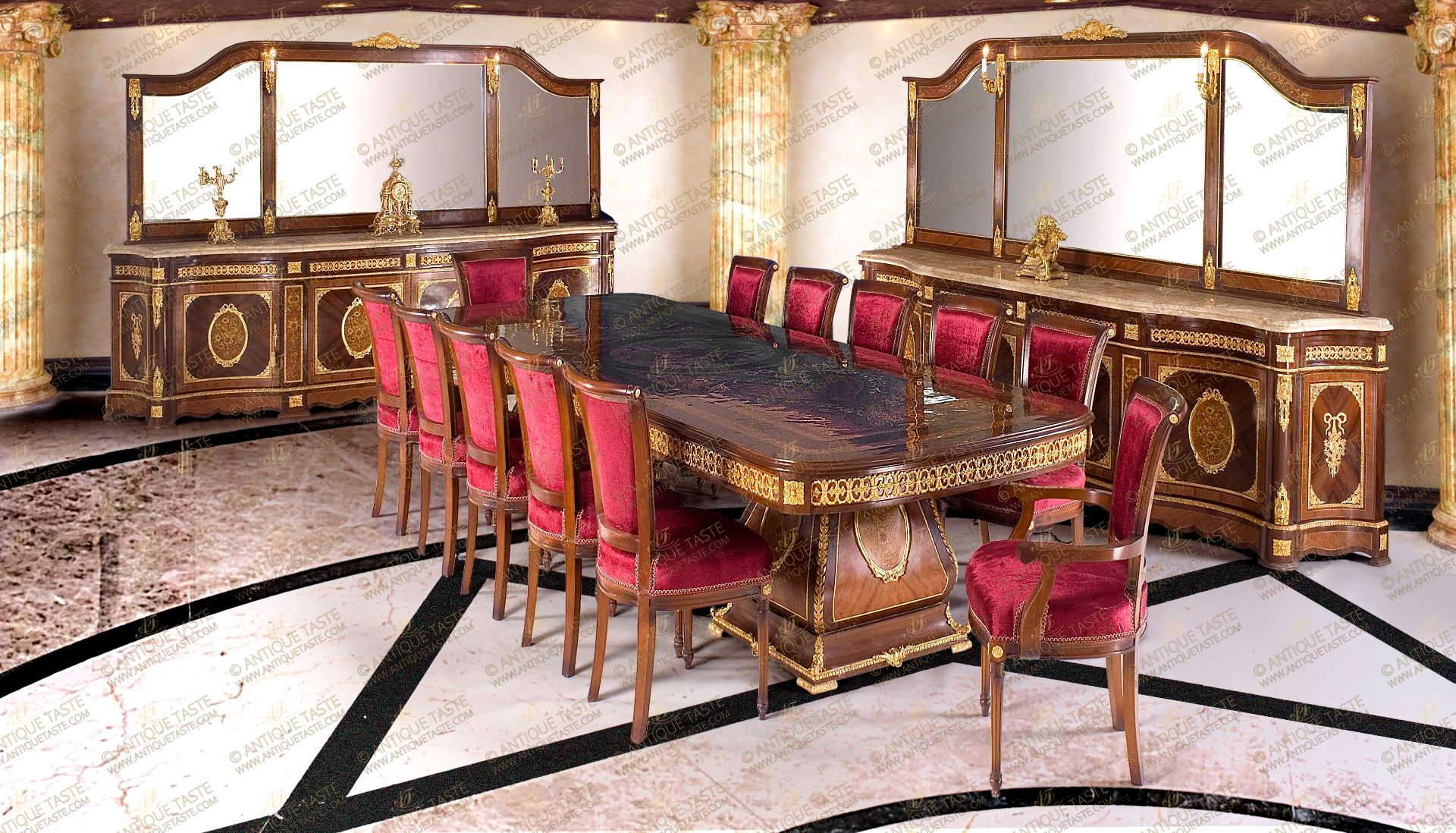 A sublime French Napoleon III style fifteen pieces Grand Royal Dining Room Set; comprising of one grand dining table, ten dining chairs, pair of dining armchairs and pair of marble topped grand buffet with mirror; detailedly and elaborately ormolu-mounted with scrolling Rinceau style foliate movements, double guilloche ormolu mounts, ribbon-tied suspending bouquet mount of draped quiver and family crest, acanthus spinosus leaves, different ormolu bands of leaf-and-dart, egg-and-dart, ribbon-tied foliate medallions, square and circular rosettes, large pierced acanthus chutes, ormolu foliate cresting, olive-bay-leaves bands and foliate keyhole escutcheons; inlaid in an exquisite floral and sprouting marquetry inlays and double sans-traverse quarter double veneer.