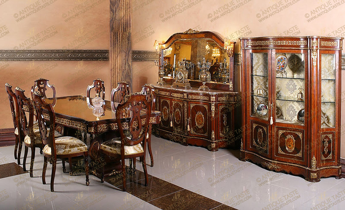 A captivating French Napoleon style eleven pieces luxury Dining Room Set; intricately and extensively ormolu-mounted with double guilloche, scrolled Rinceau shaped foliate movements, acanthus spinosus leaves, different ormolu bands of leaf-and-dart, egg-and-dart, ribbon-tied medallions, acorn finials, rosettes, large pierced acanthus chutes, cresting, olive-bay-leaves, X bands and foliate keyhole escutcheons; inlaid in double sans-traverse quarter veneer and exceptional floral marquetry designs; the fine set is comprising of one dining table, eight dining chairs, grand buffet with mirror and grand upholstered back display cabinet.