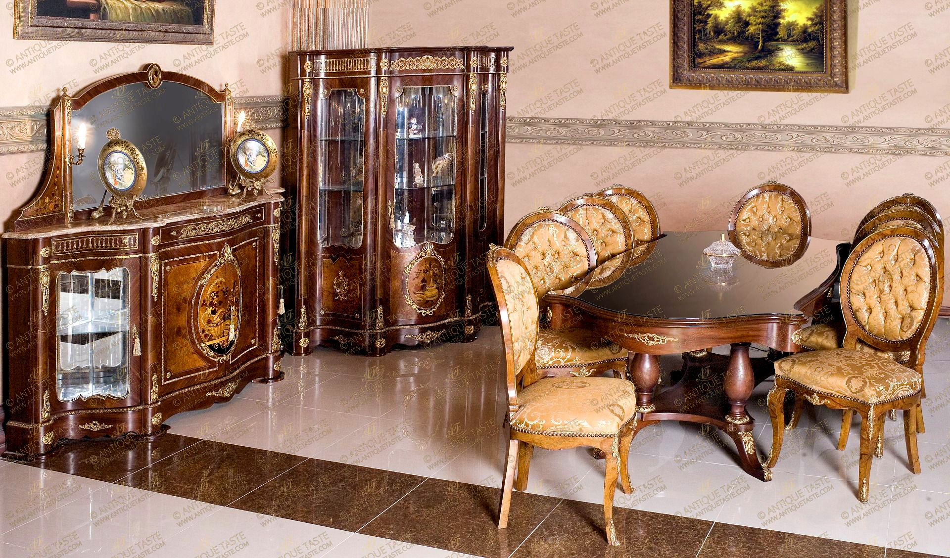 An impressive French Napoleon III Louis XV Revival style eleven pieces luxury Dining Room Set; comprising of one pedestal dining table with shelf X stretcher, eight dining chairs finely inlaid in the precious olive root veneer, one buffet with mirror and one display cabinet; the beautiful set is inlaid in double sans-traverse veneers and fine marquetry designs of ewers and flower bequests; skillfully ormolu mounted with scrolling Rinceau style foliate mounts, ribbon-tied laurel-wreath medallions surmounted by anthemion radiating petals, ormolu galleries, leaf-and-dart ormolu bands, scrolling pierced scalloped cresting acanthus mounts, royal ormolu chutes, oval and circular rosettes and acanthus leaves scrolling foliate mounts.