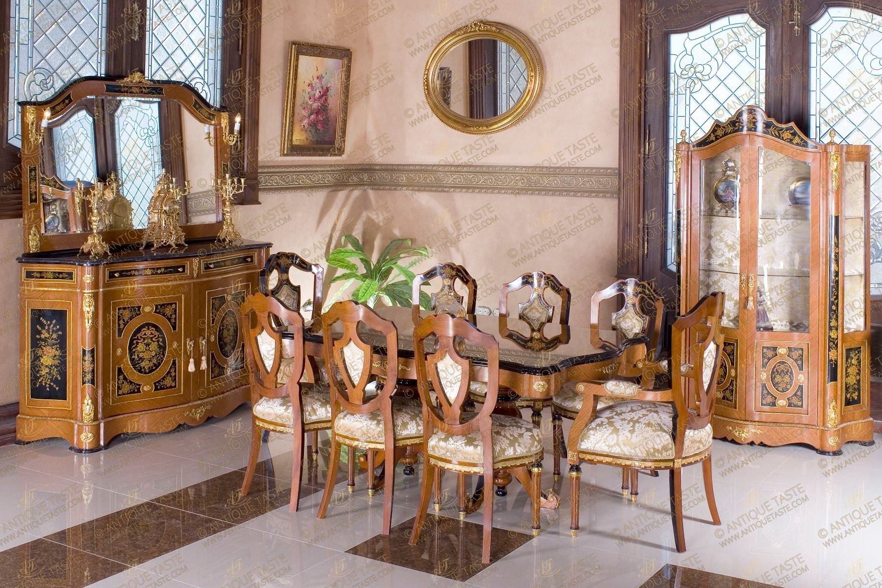 A dignified Napoleon III Louis XVI Revival style eleven pieces Dining Room after the model Circa 1865; splendidly ormolu-mounted, ebonized, sans-traverse rosewood veneer and floral bouquet marquetry inlaid; ornamented with different shapes of rosettes, square rosettes, oval rosettes and circular rosettes, scrolling acanthus pierced works, acanthus chutes, ormolu bands with a draped fabric and tassel design and ormolu acorn finials; the fine set is comprising of a pedestal dining table, six dining chairs, pair of armchairs, buffet with mirror and display cabinet.