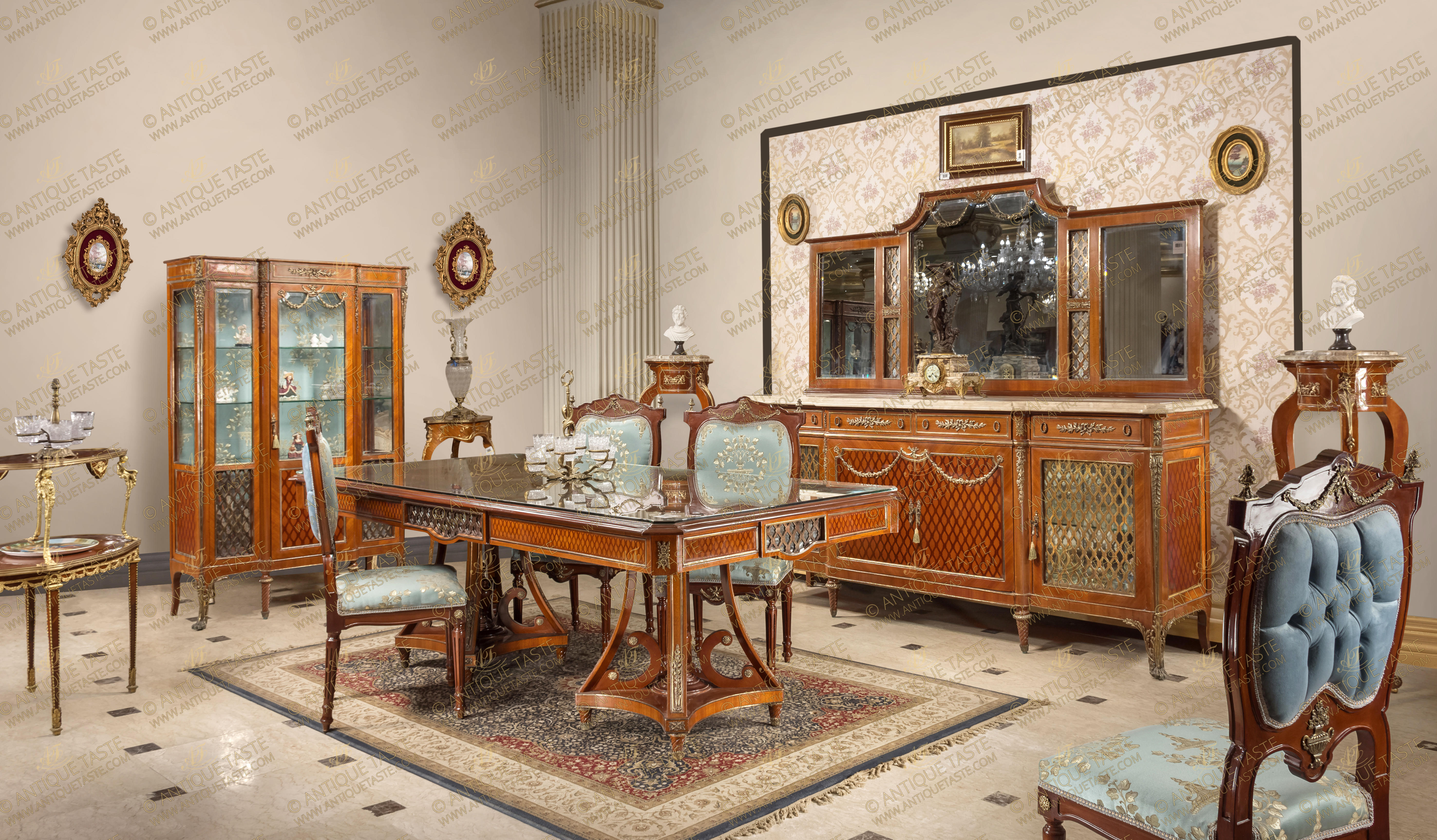 A French Louis XVI Neoclassical style distressed ormolu-mounted, veneer and  parquetry inlaid eleven pieces Dining Room Set