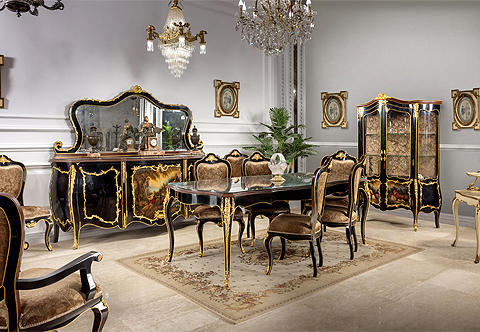 A breathtaking late 19th Century French Louis XV style eleven pieces Majestic Dining Room Set inspired the model by François Linke; neat black lacquered and ebonized; exquisitely hand painted by our artists in the Vernis Martin style of François Boucher painting The Cherry Picker circa 1768 on the dining buffer cupboard doors, and other romantic court scenes on the display cabinet; the royal set is finely chased ormolu-mounted with large blossoming acanthus chutes mounts, intricate scrolling foliage, waterfalls, laurel-wreath and tied ribbon cresting, polished pierced ormolu works, acanthus leaves, hammered and floral ormolu bands and swaging blooming garlands; artistically brown lacquered to the contour which gives an enchanting harmony to the total beauty of the set; the elite set is comprising of a dining table, six dining chairs, pair of armchairs, one buffet with mirror and one display cabinet.  